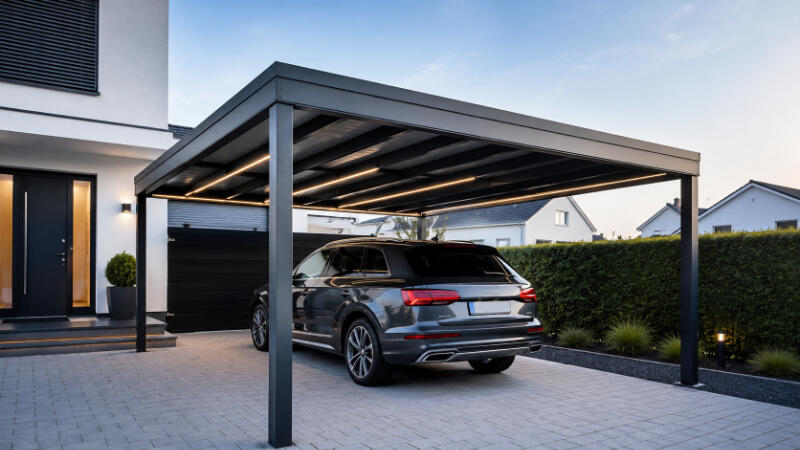 Carport Moderne Einfahrt mit Carport und SUV