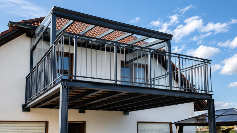 Terrassenüberdachung Moderne Stahlterrasse am roten Ziegeldach