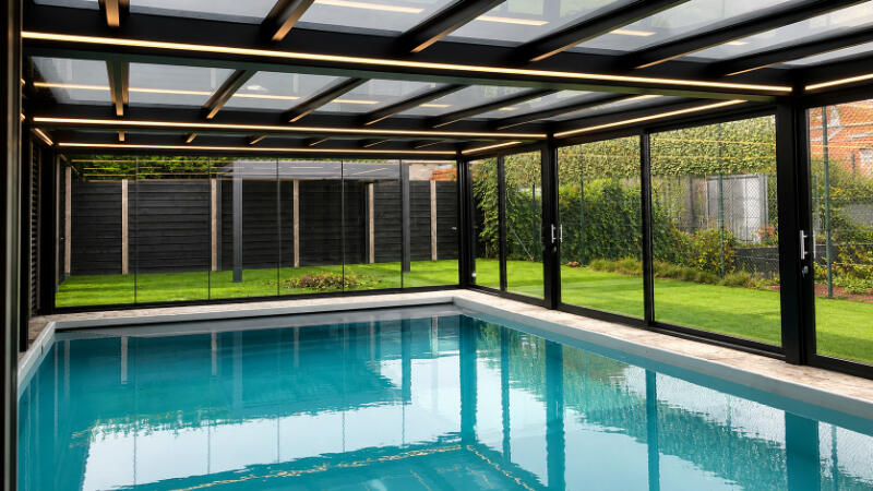 Glasschiebeelemente Moderner Poolraum mit Gartenblick